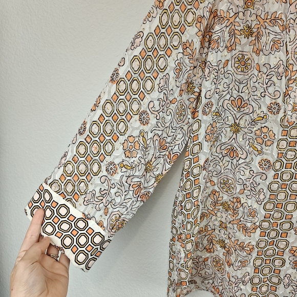Tory Burch Adrian Metallic Hicks Garden Long Sleeve Silk Blend Tunic Size LG - Picture 8 of 15
